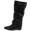 Zapatos Botas de Montar para Mujer Superficie de Cuero Botas Largas Arrugadas Barril Pequeño Ancho Otoño Invierno 2026 Punta Cuadrada Punta Cuadrada Apilada Estilo Retro Aumentador de Altura Interno