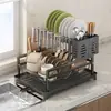 Escurridor de platos para encimera de fregadero de cocina, estante de almacenamiento con drenaje sin taladro, portavasos y escurridor de platos multifuncional para el hogar