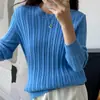 Tricô de algodão puro novo para primavera para mulheres, simples, gola redonda, manga longa, canelado, cor sólida, ajuste justo
