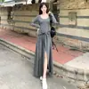 Vestido de Punto con Cordones para Mujer Tallas Grandes que Cubre la Cintura Adelgazante Otoño Chic para Mujer Falda Larga que Favorece la Figura Algodón