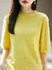 Camisa base feminina nova de malha de lã escovada, gola semi-alta, bainha enrolada sem costura, manga curta, seda-caxemira