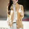 Cardigan de tricô com gola de camisa de peça falsa, suéter feminino para primavera e outono, peça de base versátil com patchwork de manga longa para usar por cima.