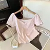 Top de punto con lazo y ribete de encaje estilo Deseo Puro, manga corta para mujer, top corto básico ajustado con volantes, para verano