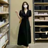 Vestido de cuello en V para mujer, nuevo estilo coreano de verano, vestido elegante y con clase, talla grande, que disimula la barriga, vestido largo de línea A adelgazante