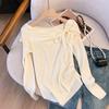 Foto real precio real chica pura caliente hombro francés tirante irregular manga larga tejido punto otoño e invierno top base mujer