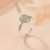 Anel Yi Lu Yin de Prata Esterlina S925 Estilo Retrô Pena com Jade Hetian Cera de Mel Oval Geométrico Face de Ovo Aberto Ajustável