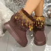 Botas Curtas de Salto Grosso com Franjas e Pedrarias para Mulheres 2025 Outono e Inverno Novo Estilo Confortáveis e Versáteis Botas de Neve