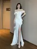 Vestido Negro Estilo Hepburn Francés para Mujer, Verano de Gama Alta Elegante Ceñido a la Cintura Vestido de Fiesta de Cumpleaños con Falda Larga de Abertura