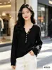 Top de punto Henley de moda con botones para mujer, corte ajustado, elástico, camiseta de manga larga de alta gama para otoño, invierno y primavera