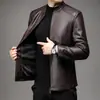 Chaqueta de cuero Haining para hombres de mediana edad, chaqueta de cuero con cuello alto, abrigo casual de negocios para hombre, nuevo estilo otoño e invierno, chaqueta de cuero con forro polar y engrosada para hombre