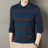 Artículo popular de TikTok: Camiseta de manga larga para hombres de mediana edad, nuevo estilo de otoño, con cuello, a rayas, con bolsillos reales, prenda para hombre