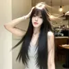 No es necesario usar redecillaPeluca para mujer, pieza superior realista de cabello humano con flequillo, peluca larga recta negra en capas