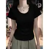 Algodão Puro Design Curto Senso de Estilo Ombro Direito Gola U Manga Curta Camiseta Feminina Verão Garota Quente Estilo Básico Versátil Slim Fit Cintura Marcada Top