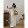 Talla Grande Verano para Mujer Gordita mm Adelgazante Look Nuevo Chinoiserie Cheongsam Mejorado Top con Abertura Pantalones de Pierna Ancha Conjunto de Dos Piezas