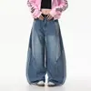 Jeans de mujer retro americano lavados, deconstruidos, con tres rayas, dobladillo curvo, cintura alta, adelgazantes, patchwork a rayas, pierna ancha, para primavera y otoño