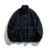 Chaqueta de trabajo retro estilo japonés Rumeng, con botones, doble bolsillo, para hombre, otoño, corte holgado, cuello alto, prenda exterior casual