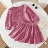 Novedad de Primavera Estilo Transfronterizo Ropa Infantil Coreana para Niñas Conjunto Casual de Dos Piezas con Top Bordado Floral de Cuello de Muñeca y Falda Corta