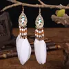 Pendientes Largos de Plumas Estilo Étnico con Borla y Diseños Florales, Pendientes Étnicos con Borlas de Cuentas y Diseño de Gancho