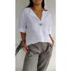 Top de Algodón y Lino de Manga Media Estilo Europeo de Moda de Hong Kong, Nuevo Top de Manga Corta Primavera/Verano con Diseño de Cuello en V, Tallas Grandes para Mujer