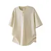 Camiseta Henley de Mezcla de Lino Estilo Minimalista Old Money Nanxia con Cuello Henley de Manga Corta para Hombre Verano Commuting Camisa Polo Casual