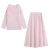 Suéter tejido de estilo coreano, suave y dulce, con diseño floral tridimensional, falda de talle alto adelgazante, conjunto de dos piezas chic y relajado