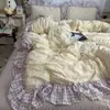 Estilo ins, fresco y simple, juego de ropa de cama de cuatro piezas de algodón puro, diseño de princesa estilo coreano, algodón lavado, estampado floral, ribete floral grande, juego de tres piezas apto para estudiantes