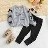 Conjunto de roupas de outono e inverno para meninas, roupas infantis, conjunto de roupa para meninas, conjunto com laço, moletom de manga comprida, calça preta, conjunto de duas peças