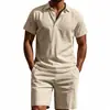 Traje casual de verano para hombre de algodón y lino con manga corta, deportivo, transpirable, ligero conjunto de dos piezas de lino con cuello tipo polo
