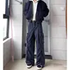 Jeans Denim Workwear de Múltiplos Bolsos com Design Retrô para Homem, Novo, High Street, Soltos, Perna Larga, Caimento Fluido, Casual, para o Trabalho, Calça Longa