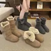 Botas de neve cinzas de cano alto para mulheres, novo modelo de inverno 2026, com sola grossa, forradas com fleece, espessadas, botas de algodão para neve de comprimento médio