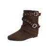 Botas de tornozelo pontudas de camurça retrô para mulheres, nova coleção de outono 2026, com fivela de cinto, altura até o meio da panturrilha, botas de montaria, botas de cowboy western