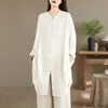Nueva camisa de algodón y lino estilo Zen chino con protección solar de manga larga para mujer, colección de principios de otoño, abrigo superior de longitud media abotonado por delante estilo chino tradicional