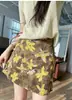 Falda Corta Floral Retro Francesa de Sicomoro Amarillo Otoñal para Mujer, Falda Midi Floral de Cintura Alta Adelgazante Línea A de Verano para Figuras Pequeñas
