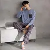 Pijama para Hombre de Modal Estilo Primavera y Otoño Manga Larga Pantalón Largo Color Sólido Cuello Redondo Pulóver Sencillo Casual