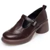Colección de primavera y otoño: Zapatos de cuero de suela gruesa, punta redonda, tacón grueso, tira en T estilo retro, cuero suave - simples, versátiles y cómodos, perfectos para madres de mediana edad