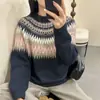 Suéter Jacquard Fair Isle Outono e Inverno para Mulheres, Tricô Color Block Gola Redonda, Peça Superior Macia Estilo Preguiçoso Quente e Aconchegante Vintage