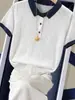 Top de punto de manga corta con cuello polo bicolor para mujer, nueva moda 2026, elegante, versátil, adelgazante A13993