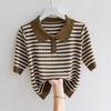 Camiseta de Manga Media de Seda de Hielo Suéter de Punto para Mujer Verano Estilo Europeo Rayas Lel Stylike Camisa Corta Pequeña Camisa Polo Camiseta Top