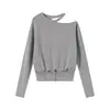 Toma real: Camiseta de manga larga de color liso con cuello en U estilo coreano para mujer, top corto básico de otoño, top de moda 19712