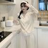 Pijama de Algodón para Mujer Dulce Estilo Princesa de Primavera y Otoño Color Sólido Cárdigan Manga Larga Pantalón Conjunto de Dos Piezas Se Puede Usar Afuera Ropa de Casa