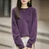 Novo suéter de tricô de lã de cashmere para outono e inverno feminino, pronto para usar, gola redonda, suéter de lã escovada de cor sólida de manga longa para mulheres