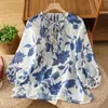 Camisa de Renda Azul Estampada com Cadarço e Decote V com Contas para Mulheres Verão Nova Elegante de Alta Qualidade Proteção Solar Top Fino de Linho