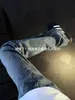 Calça jeans masculina vintage azul com céu estrelado e strass, calça com vibe high street americana, calça casual reta cleanfit