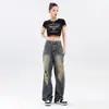 Jeans Rectos Rotos Estilo Retro Americano para Mujer Verano Delgados Estilo High Street Cintura Alta Adelgazantes Sueltos de Pierna Ancha para Mujer
