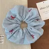 Scrunchie de Tecido Bordado Estilo Coreano com Listras Azuis Elástico Doce para Coque de Cabelo Corda Elegante para Rabo de Cavalo Faixa de Cabelo