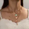 Colar Feminino Ajustável de Liga Estilo Étnico Retrô Pingente Redondo Cruz Contas de Pérola Acrílico