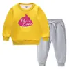 Conjunto de suéter infantil outono e inverno 2023 estudantes novo dupla camada com pelúcia acolchoado quente inverno manga longa conjunto grosso