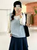 Suéter de tricô feminino plus size com gola redonda, imitando duas peças, coleção outono 2026, top em camadas de manga longa para mulheres plus size