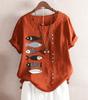 Camiseta informal de algodón y lino para mujer, de verano, de manga corta, talla grande, holgada, con estampado, combina con todo.
