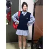 Vestido-camisa listrado estilo acadêmico de duas peças para primavera e outono com colete bordado em camadas